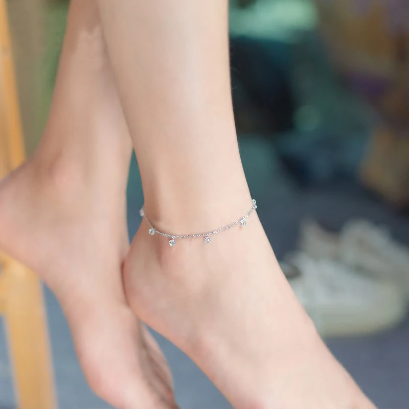 

Real 925 Sterling Silver crystall Anklet fine Jewelry Simple beach Foot Chain For Women Girl 925 Silver Ankle Chain Bracelet