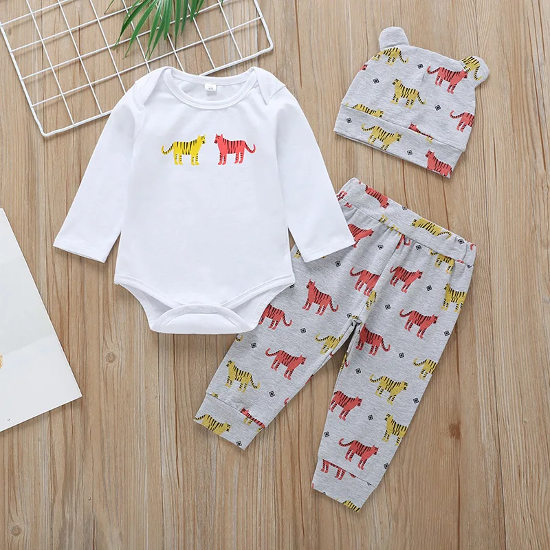 

Unisex baby clothing spring and autumn cotton long-sleeved T-shirt tiger triangle clothes + trousers + hat three-piece