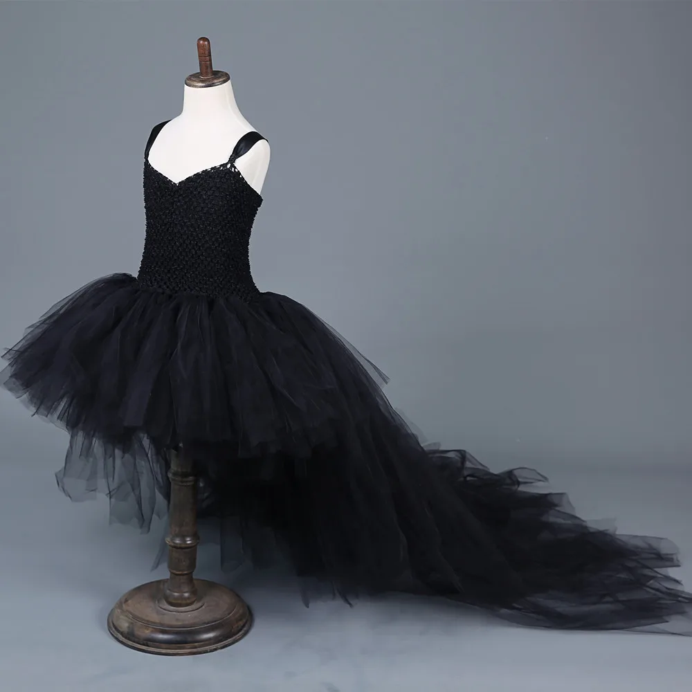 Black Girls Dress With Train Tulle Children Girls Ball Gown Dress Kids Halloween Costumes for Girls Baby Flower Party Tutu Dress