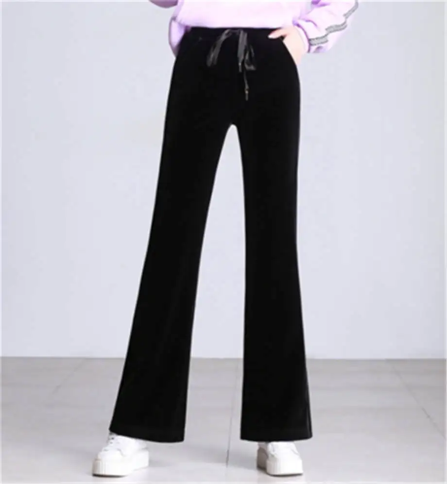 Осенние Бархатные расклешенные брюки для женщин Зимние Новые повседневные свободные широкие брюки и женские офисные длинные брюки из плюша - Цвет: black