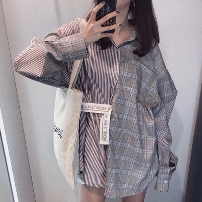 Meilleur LANMREM 2019 Nouvelle D été d été De Mode Marée Plaid Patchwork Rayé Turn down Col À Manches Longues Lâche Occasionnel Femme Chemise SC085