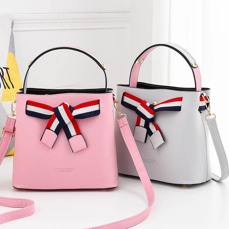 

Rhyme Bag Shop Bucket bag Female 2019 Bow Atmosphere Korean Fashion Ladies Handbag Shoulder Messenger Bag Soft Face Handbag