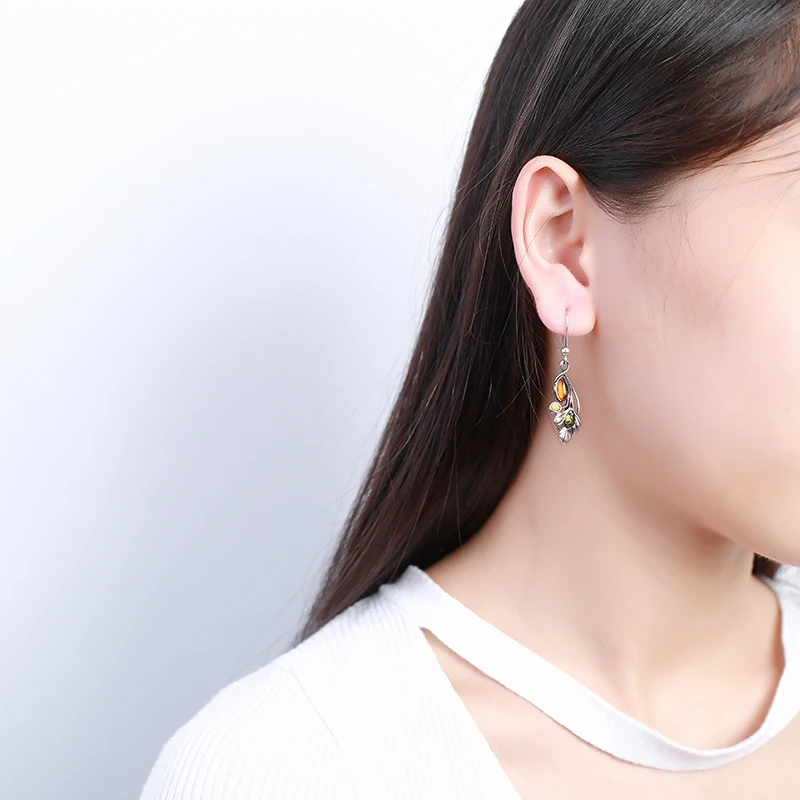 

JIUDUO Natural Amber 925 Silver Ear Nail Ethnic Style Simple Fashion Long Style Drop Earrings.factory direct special package