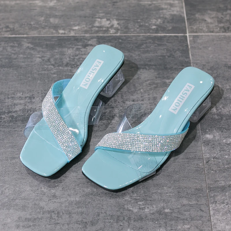 

2019 Women Slide Slippers Summer High Heel Slippers Ladies Shoes Open Toe Rhinestone Pvc Transparent Cross-strap Clear Heels