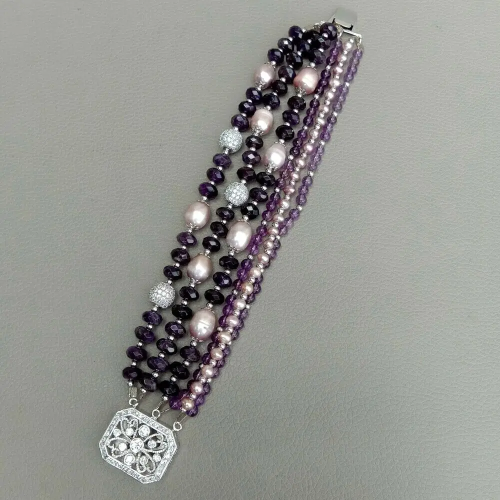 8" 6 Strands Cultured Purple Pearl Ametyst Bracelet