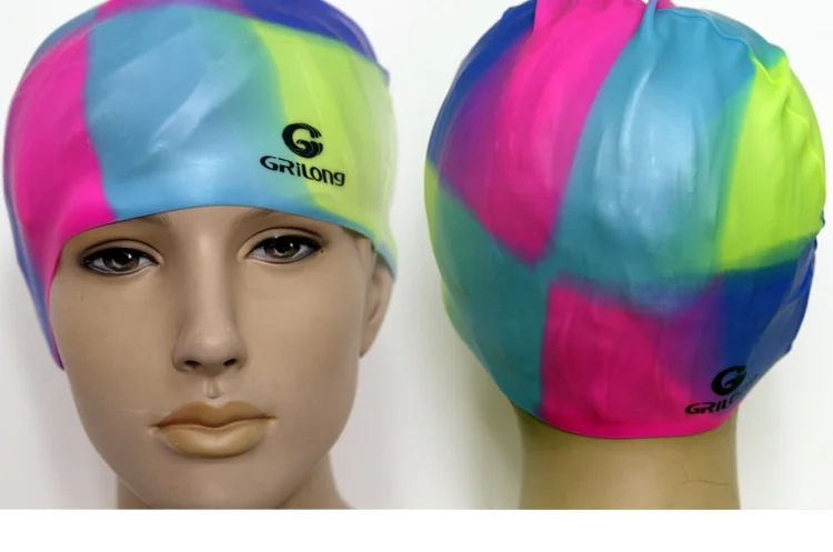 2 шт мужчины и женщины кремния унисекс взрослых водонепроницаемая шапочка для плавания крышка защиты уха многоцветные радужные шапочки для бассейна - Цвет: Многоцветный