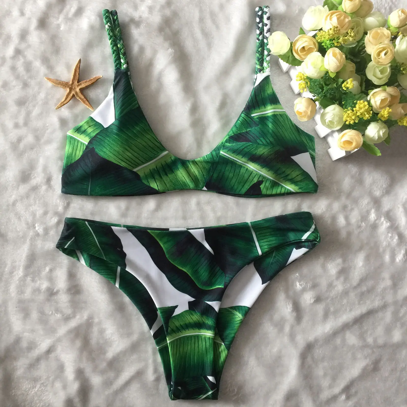 

ITFABS Women Push-up Padded Bra Bandage Green Leaf Print Bikini Set Swimsuit Triangle Swimwear Bathing