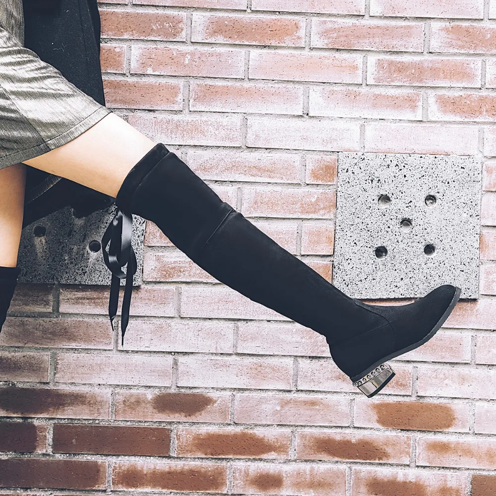 Nuevo Por Altos La Sexy Las Kmeioo De Mujer Gamuza Mujeres Tacones Rodilla Encaje Zapatos 2018 Encima Black Calidad Invierno Botas Alta 00qTwrv8
