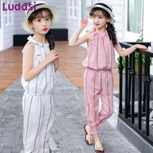 

Summer 2018 Clothes For Teenage Girls Of 12 14 Years Old Fashion Elegant Teen Clothing Stripe Sleeveless Top+Pants Trousers suit
