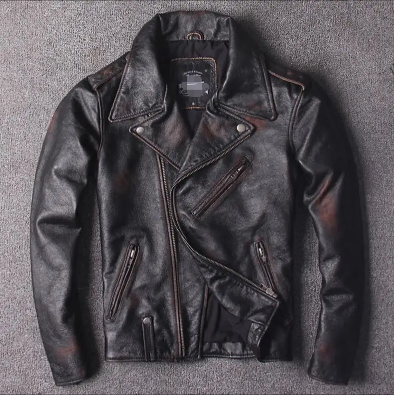 Модная мужская кожаная байкерская куртка в американском стиле с ручной росписью, свободная мотоциклетная куртка из натуральной кожи с отворотом. S-4XL