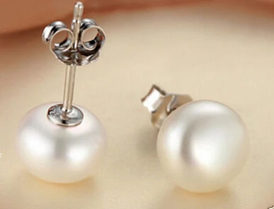 

HOT SELL - > 1379 9-10mm White Cultured Freshwater Pearl Silver Stud Earrings -Top quality free shipping