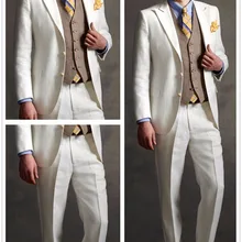 Портной белый льняной смокинг для жениха, стильные мужские свадебные костюмы для выпускного вечера, костюм из 3 предметов(пиджак+ брюки+ жилет), terno