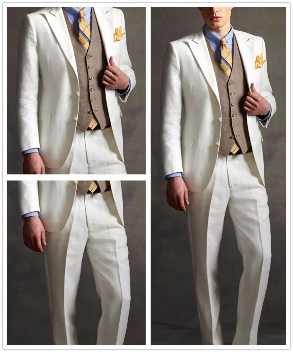 2017 Tailor Made White Linen Groom Tuxedos Style Mens Wedding Prom