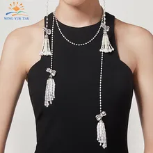 wing yuk tak Fashion Luxury Crystal Bow knot Long Tassel Chains Necklaces Classic Pearl Necklace For Women Party Wedding Jewelry