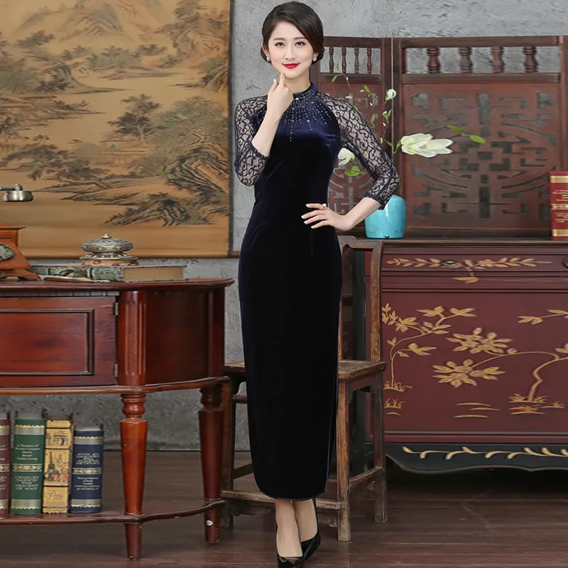

New Velvet Cheongsam Sexy Qipao Long Traditional Chinese Dress Evening Dresses China Clothing Store Vestido Fiesta Xxxl