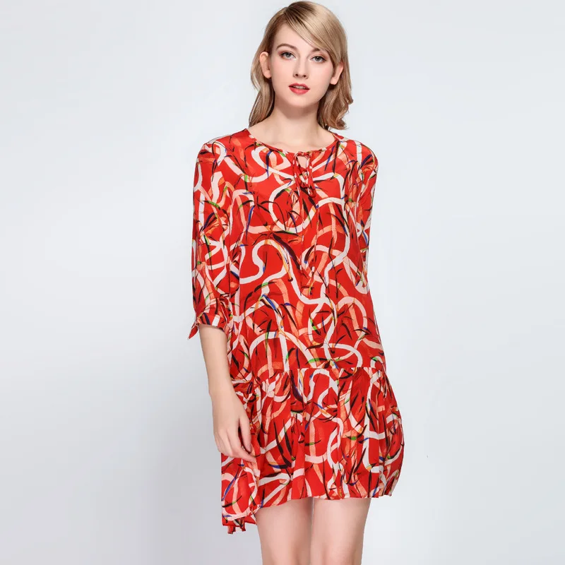 

Summer Silk Dress High Quality Women Korean version Fashion Printed O neck Lace-up 3/4 sleeve Loose Casual Silk dress