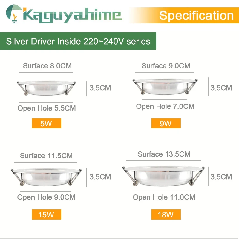 Kaguyahime LED Downlight 220V AC 110V Встраиваемый круглый светодиодный светильник 3W 5W 9W 15W Алюминиевый точечный светильник Теплый бел