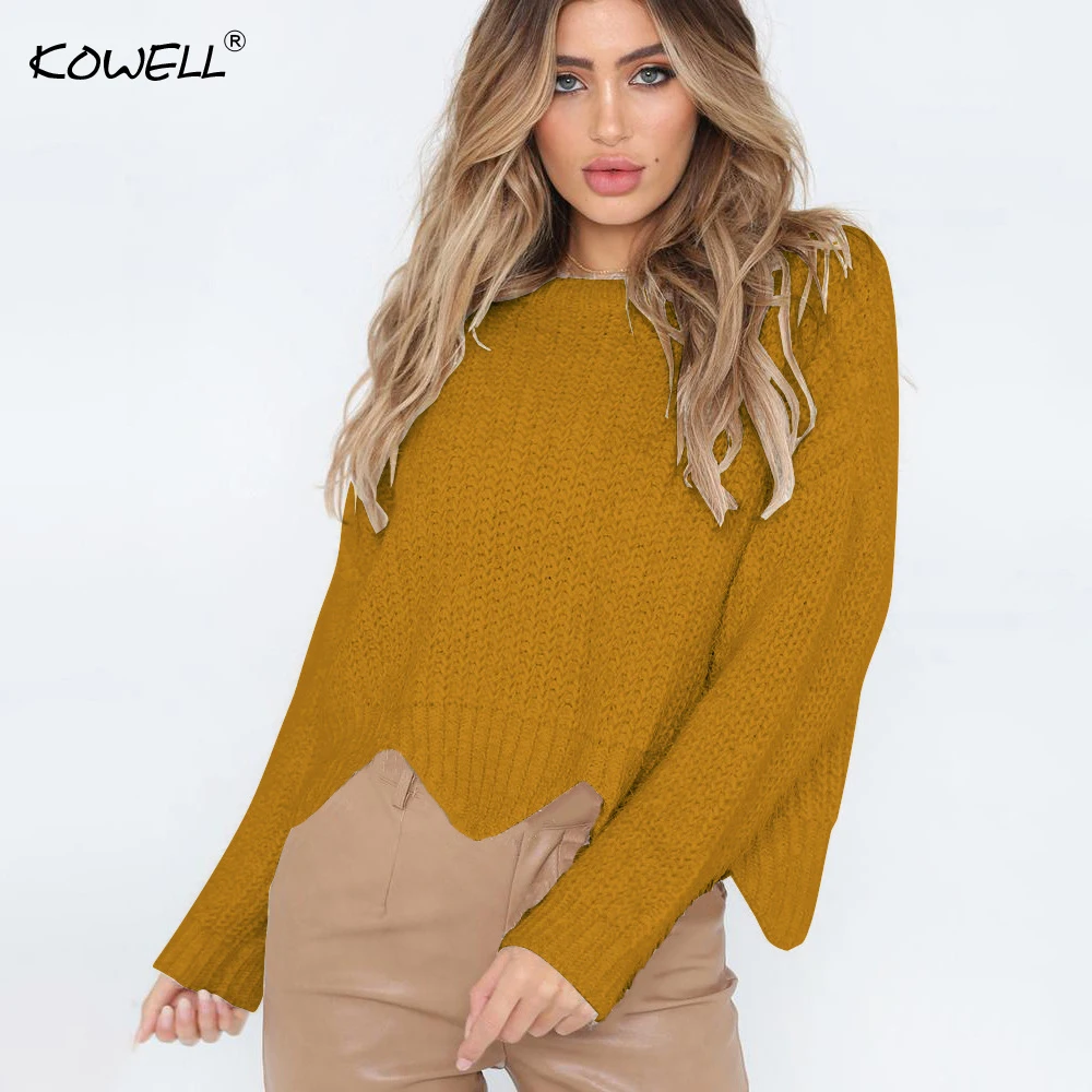 Autumn Winter Knitted Sweater O Neck Long Sleeve Elastic Knitwear Cotton Sweaters Casual Wave Hem Plus Size Short Sweater Women