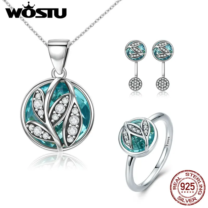 

WOSTU Hot Sale Authentic 925 Sterling Silver Green Radiant Leaves Jewelry Sets Bracelet Earrings Necklace For Women Gift