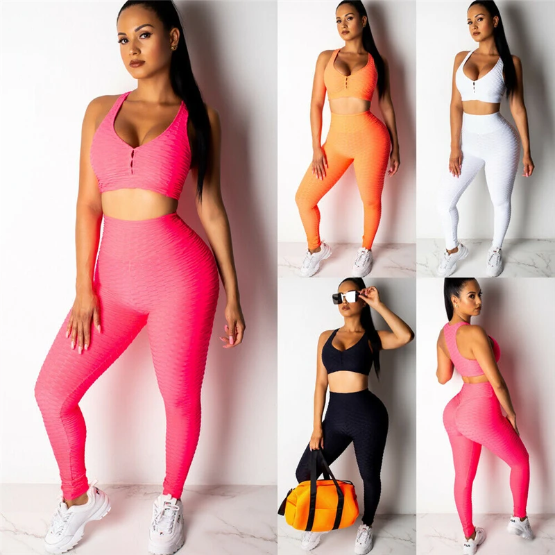 

New Women Clothes Two Pieces Set Workout Gym Running Sports Suits Tank Crop Top High Waist Pants Legging Lady Fit Slim Tracksuit
