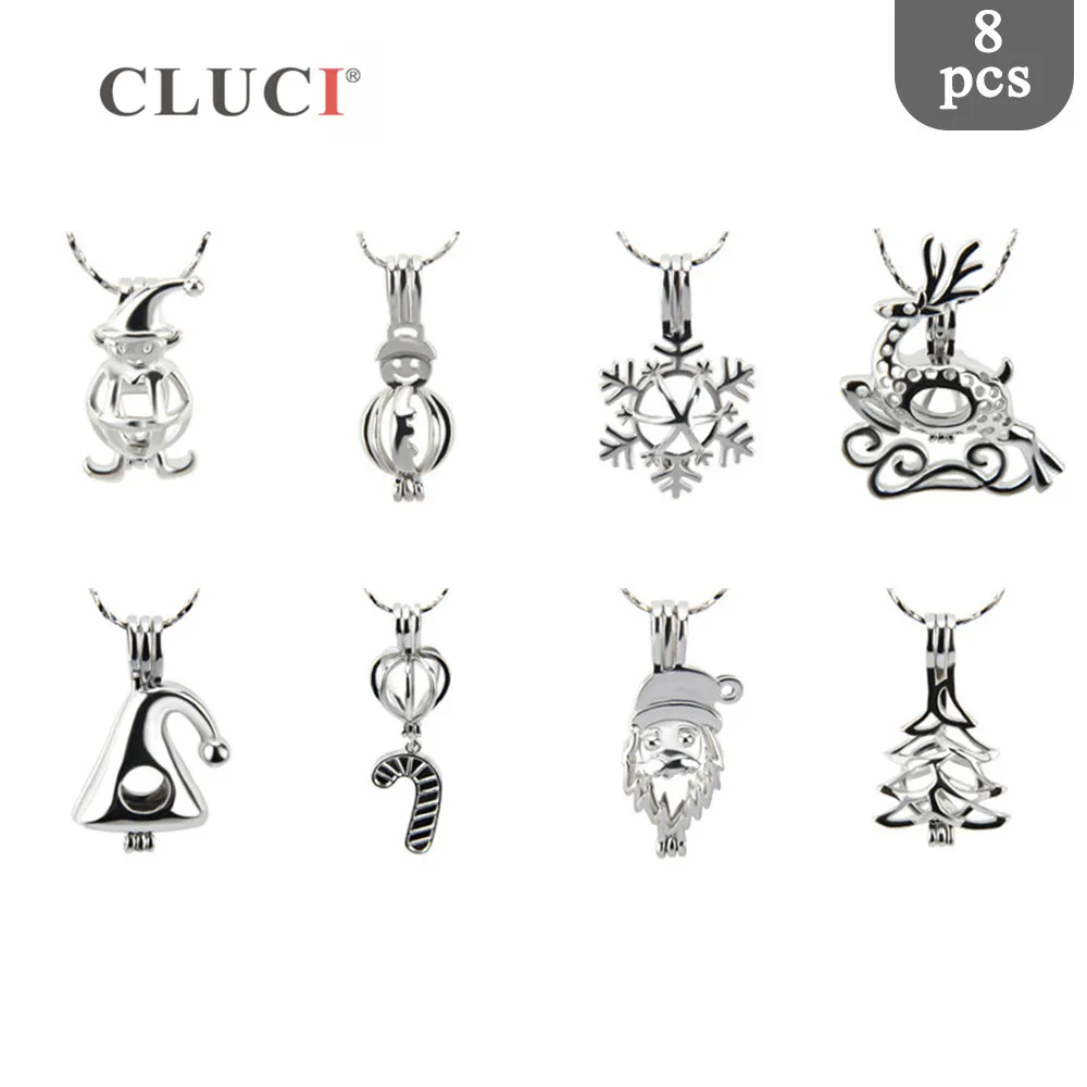 CLUCI 8pcs/set Romantic Christmas Theme Pendant Jewelry Gift for Women Silver Plated Pearl Cage Locket MPC009SB | Украшения и