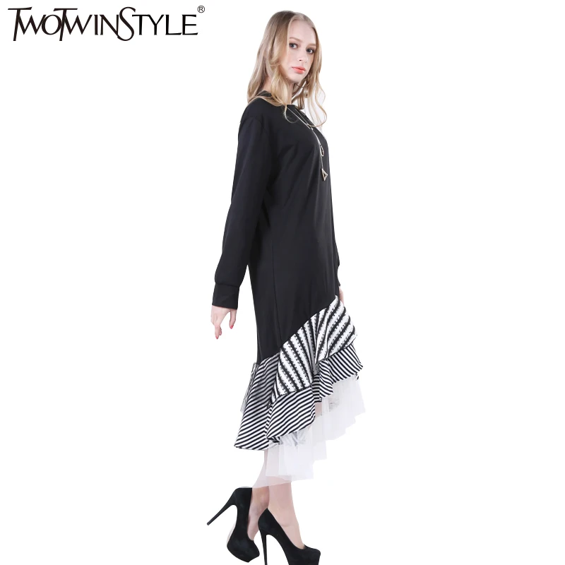 Tanie TWOTWINSTYLE 2019 kobiet koszulka z długim rękawem Midi sukienka Patchwork paskiem siatki wzburzyć Flare asymetryczny pulower dorywczo