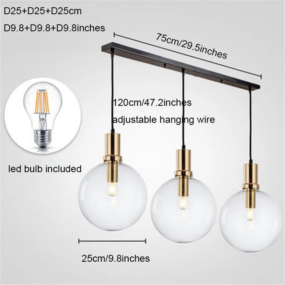 E27 светодиодный светильник, люстра для столовой, современный черный золотой блеск, прозрачный глобус, стеклянный абажур, декоративные люстры для освещения острова - Цвет абажура: D25cm gold 3line