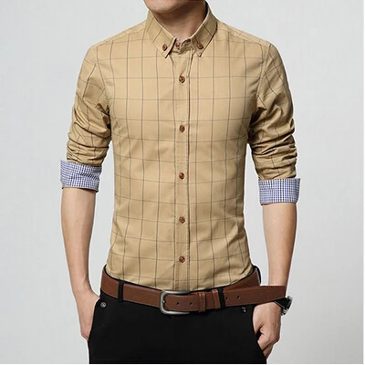 1311 Khaqi Осень, деловая Мужская рубашка, модная клетчатая хлопковая рубашка с длинным рукавом, мужская рубашка высокого качества, мужские рубашки, большие размеры 5XL - Цвет: 1311 Khaqi