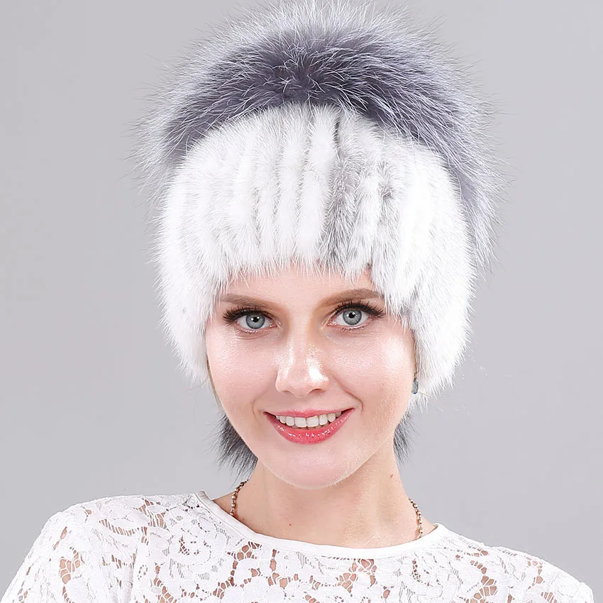 ICYMI Норковая женская зимняя шапка с роскошным помпоном из меха серебристой лисы, натуральный мех норки, шапки для женщин, эластичные вязаные шапки - Цвет: Color 1
