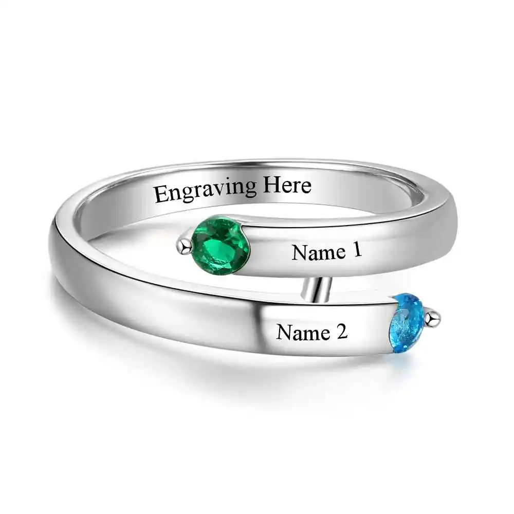Personalized Gift Custom Engrave 2 Names & Birthstone Promise Ring 925 Sterling Silver Anniversary Jewelry (JewelOra RI103272)