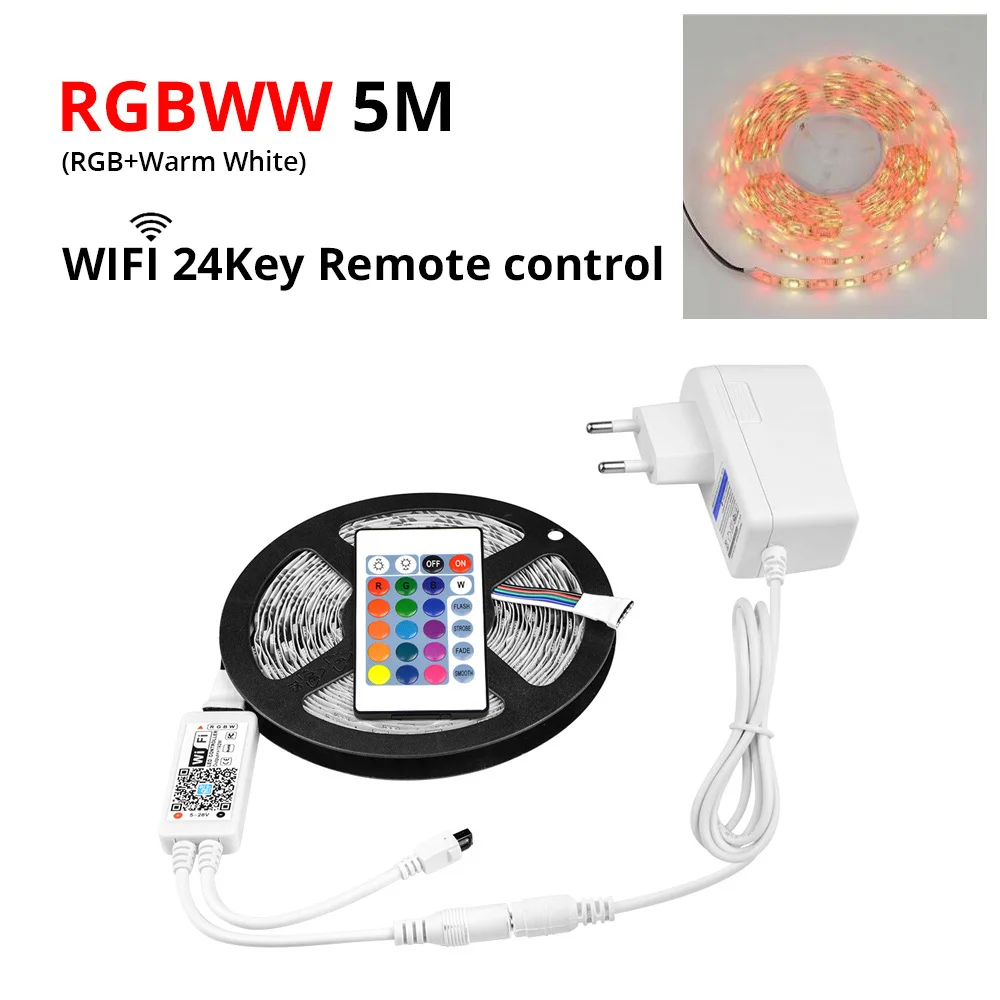 Водонепроницаемый 5 м RGB RGBW RGBWW wifi светодиодный светильник 5050 RGB лента диод Гибкая лампа wifi контроллер DC12V адаптер Комплект - Испускаемый цвет: RGBWW with Remoter