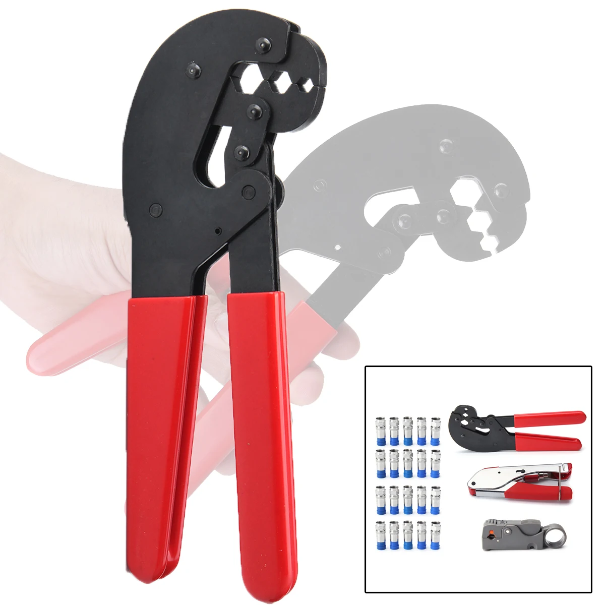 

1 set Rotary Coaxial Cable Hex Hand Crimping Tool Kit RG58 RG6 F Compression with Connector Cutter Cable Crimping Pliers