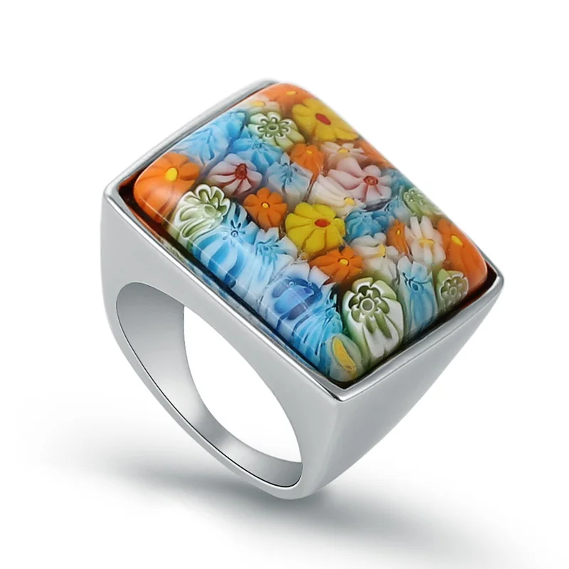 

Top Fashion Stainless Steel Colorful Flower Ring For Women Square Natural Stone Rings Romantic Ladies Jewelry Wholesale (A041)