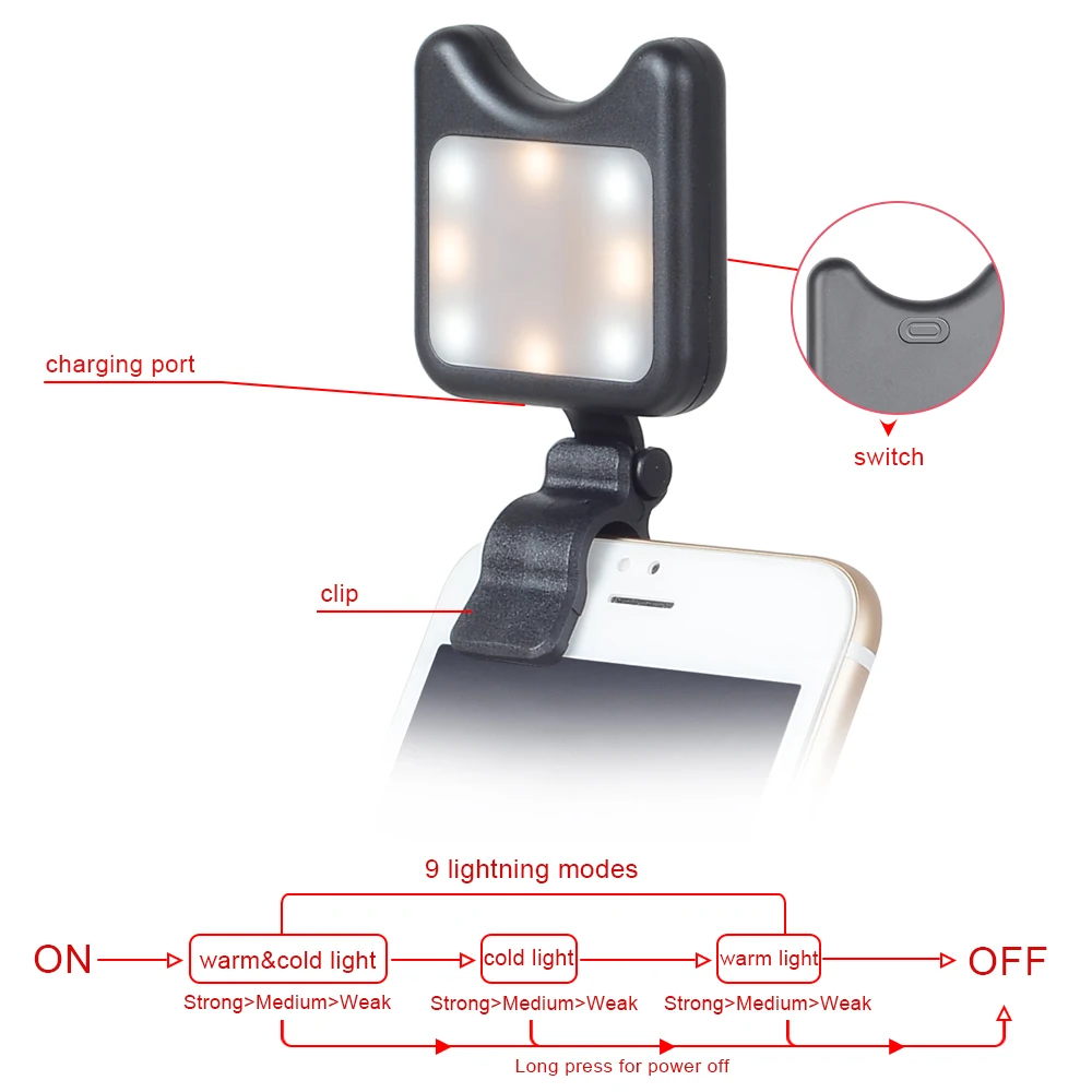 Apexel Universal LED Selfie Flash Light Clip-on Portable Rechargeable 9 Levels Flash Led Light for iPhone Samsung Huawei Tablet