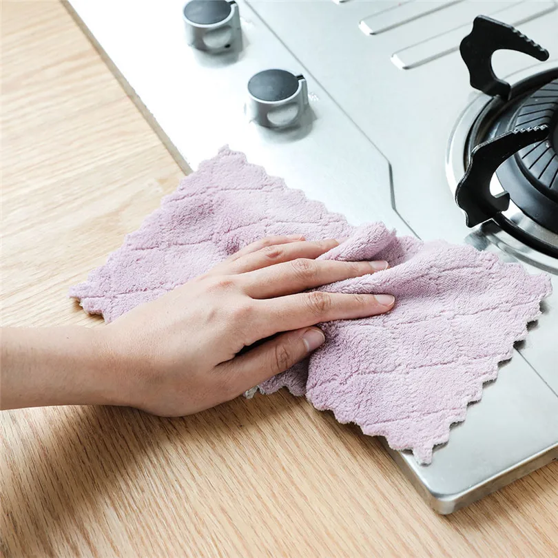 1Pcs 2716cm Scouring Pad One Roll Kitchen Dishcloth Nonstick Oil Coral Velvet Hanging Hand Towels Kitchen Dishclout  (9)