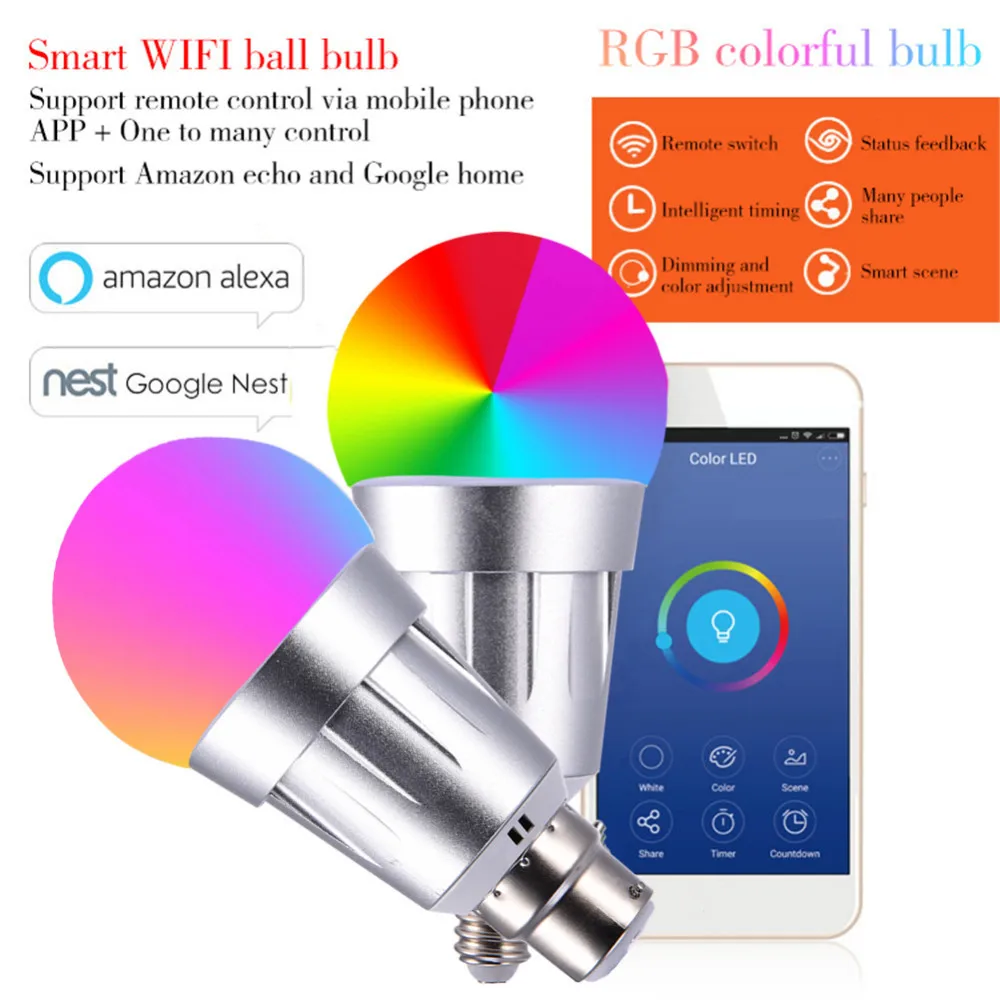 

Kaigelin 7W E27 B22 E14 Wireless WiFi Smart LED RGB Bulb Support Alexa Google Home LED Dimming Bulb Smart Wifi Dimmable Bulb