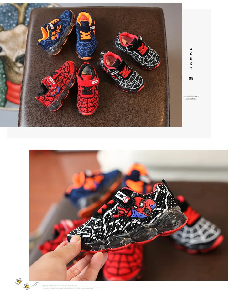 Mumoresp Человек-паук детская обувь для малышей большие мальчики спортивные кроссовки с светодиодный свет светящиеся повседневные кроссовки для детей