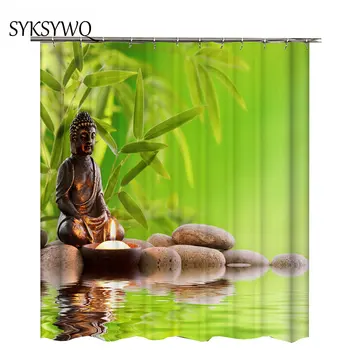 

New Green Bamboo Shower Curtain Hooks With 12 Pieces copper Buddha Candle Stone Water Duschvorhang Light Green Bathroom Curtain