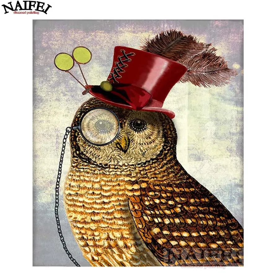 Topi Merah Owl Gambar DIY 5d Lukisan Berlian Penuh Persegi Berlian