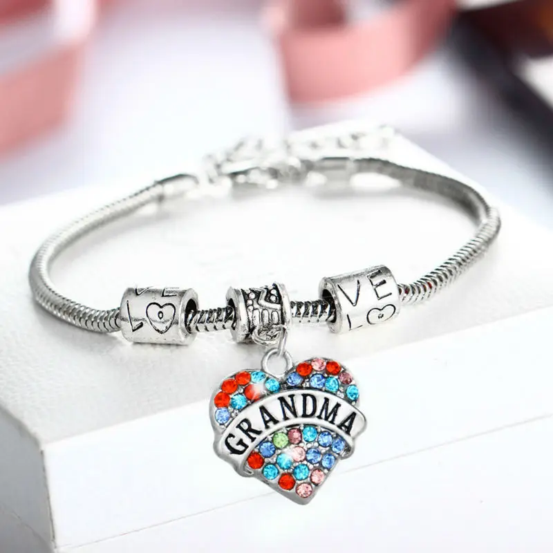 Fashion Colorful Crystal Heart Charms Grandma Bracelet Family Gifts