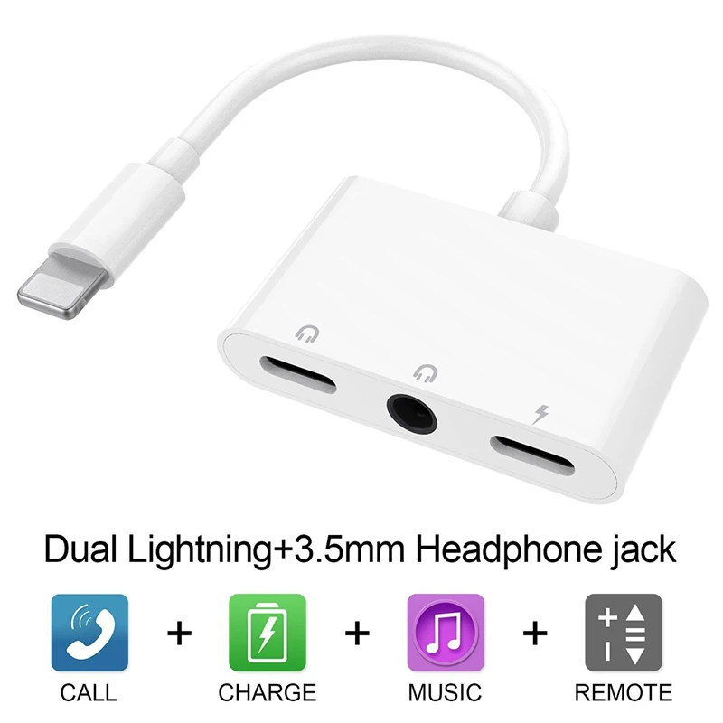 3 in 1 Charging Audio Adapter Headphone Splitter for Dual Lightning 3 5mm Jack Cable Fast Charger for iPhone 8 7 X iOS 11