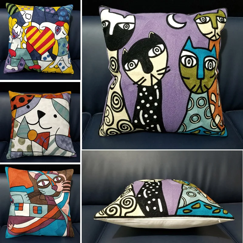 

New Embroidery Cat Pattern Throw Pillow Cushion Cover Case Kids Home Decoration Sofa Bed Decor Decorative 45*45cm Pillowcase