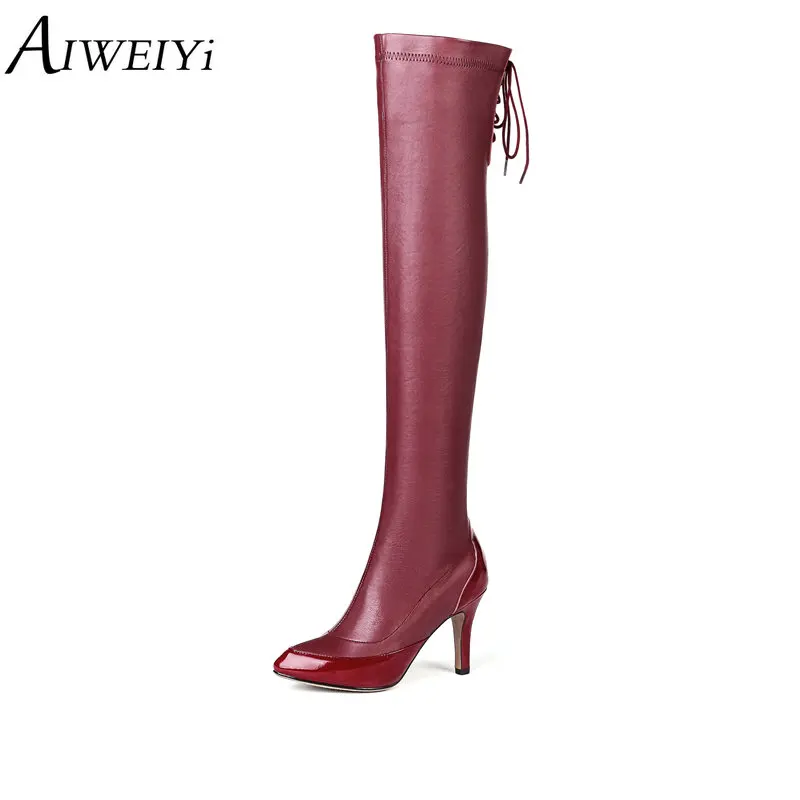 

AIWEIYi New Spring Autumn Over The Knee Boots High Heels 9cm Pointed Toe Red Thigh High Boots Fashion Stretch Boots Ladies Shoes