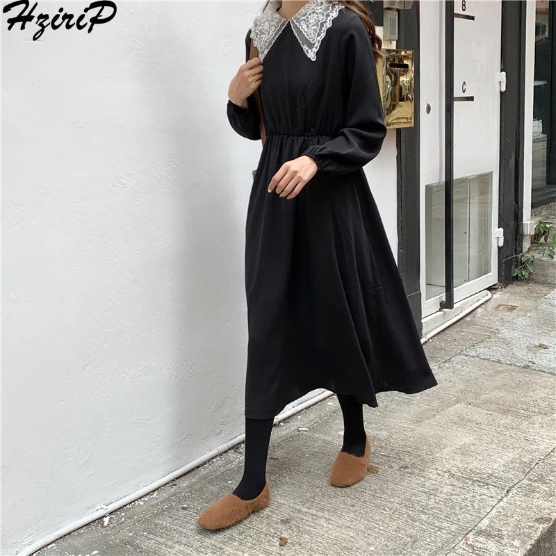 

HziriP Korean Autumn Winter 2019 Solid Loose Sweater Rtro Fashion Sweet Dress Solid Wild Long Sleeve Women Pullovers Dresses