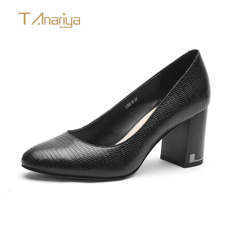 

Tanariya New Leather Black High Heels Coarse Shoes Women Ladies High Heels Women Shoes Woman Pumps Genuine Leather