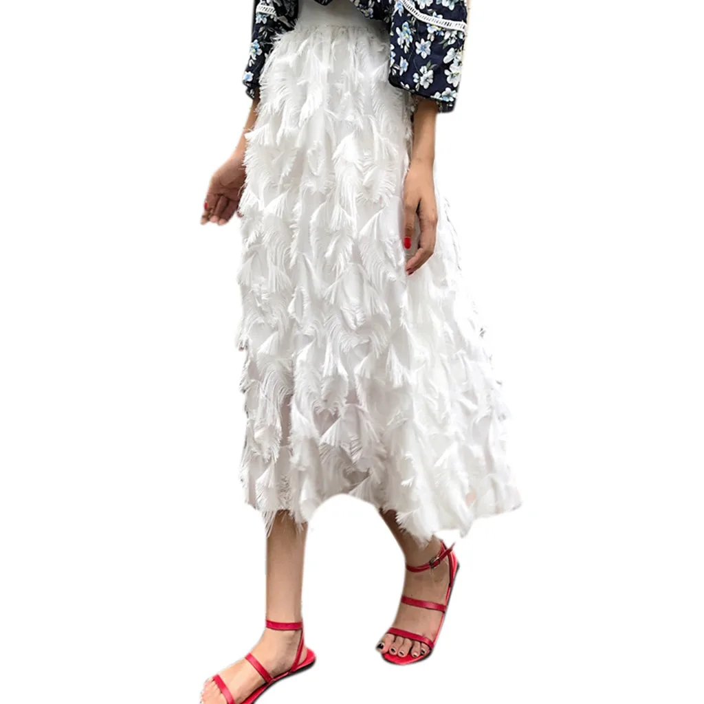 

FREE OSTRICH Women Skirt Fringed Chiffon Ball Gown Feather Solid White Loose Bohemia Beautiful Summer emale Leisure Long Skirts