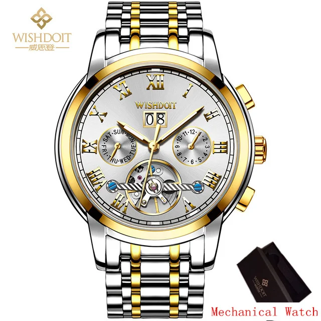 WISHDOIT Топ бренд класса люкс для мужчин s часы автоматические механические часы для мужчин полный сталь бизнес часы водонепроницаемый спортивные часы Relogio - Цвет: Silver Gold White me