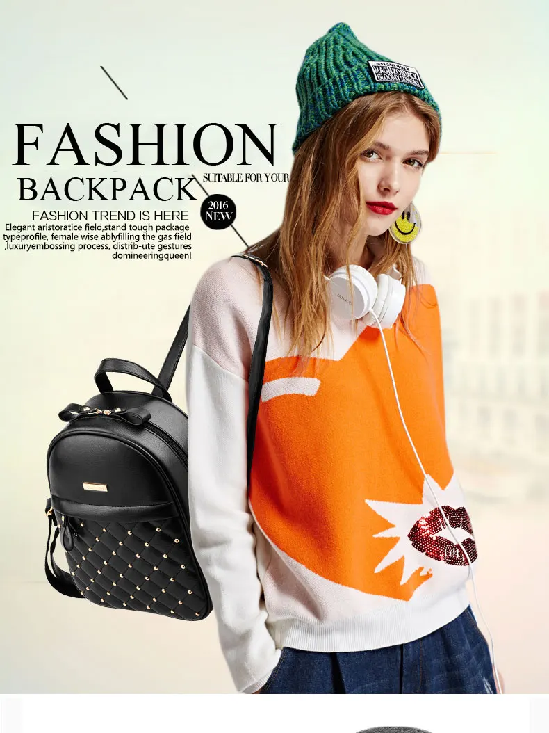 2022 Fashion Women Casual Travel Bead Backpack School Bags PU Leather Backpack for Teenage Girls Mochila Female Backpack S004