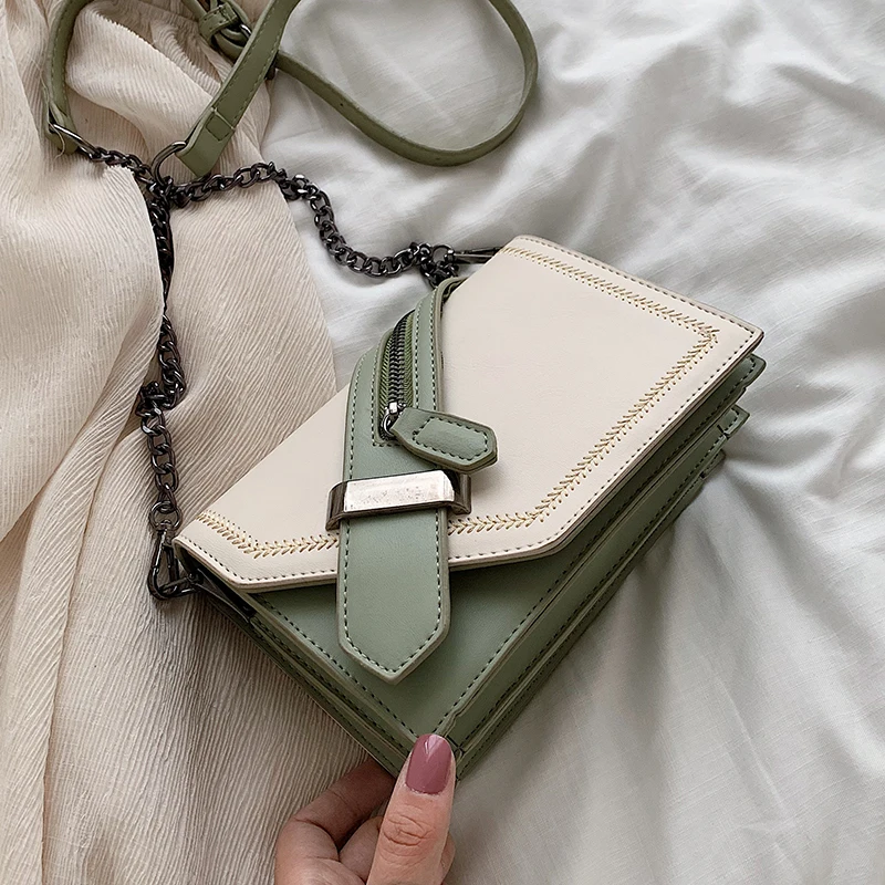 

Women green Contrast color leather chain design Crossbody Bags Women Small Chain Handbag small bag Ladies Designer Evening Bags