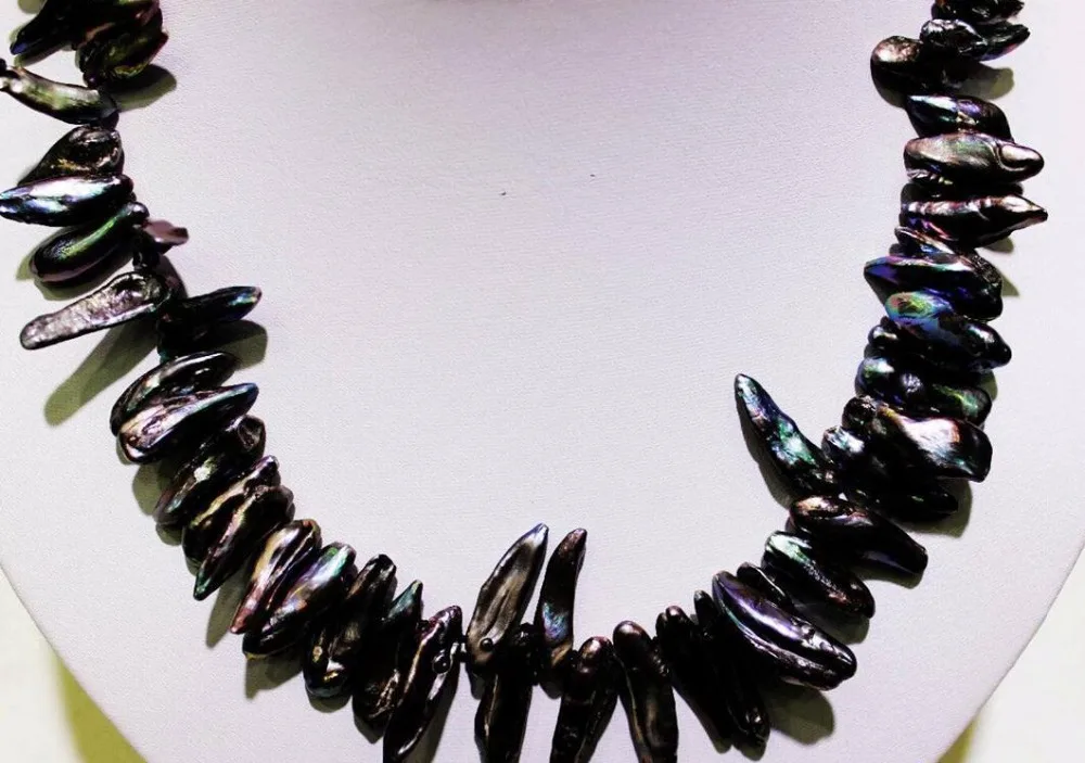 

~~ 11.21 Black keshi rebom freshwater pearl necklace 7x13mm-8x24mm 18INCH"handmade"Alloy Discount AAA